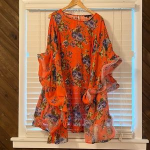 High fashion pink floral dress with show stopping sleeves - L